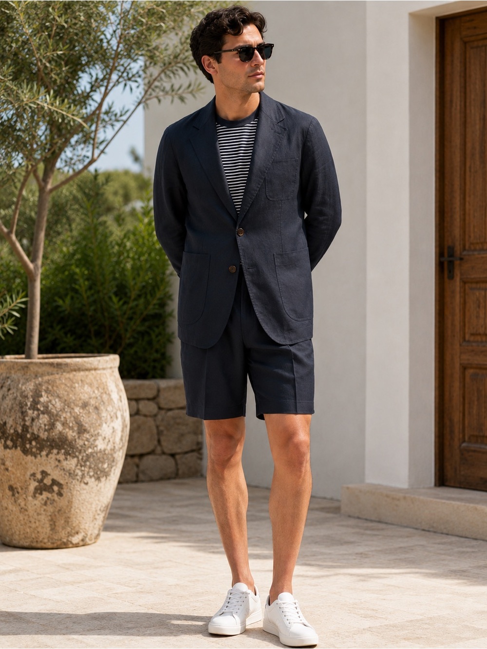 Men's Navy Tailored Cotton-Linen Shorts